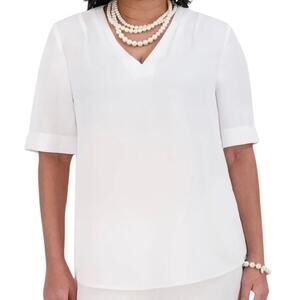 Kasper Women’s V Neck Pleated Shoulder Elbow Sleeve Top White Size M